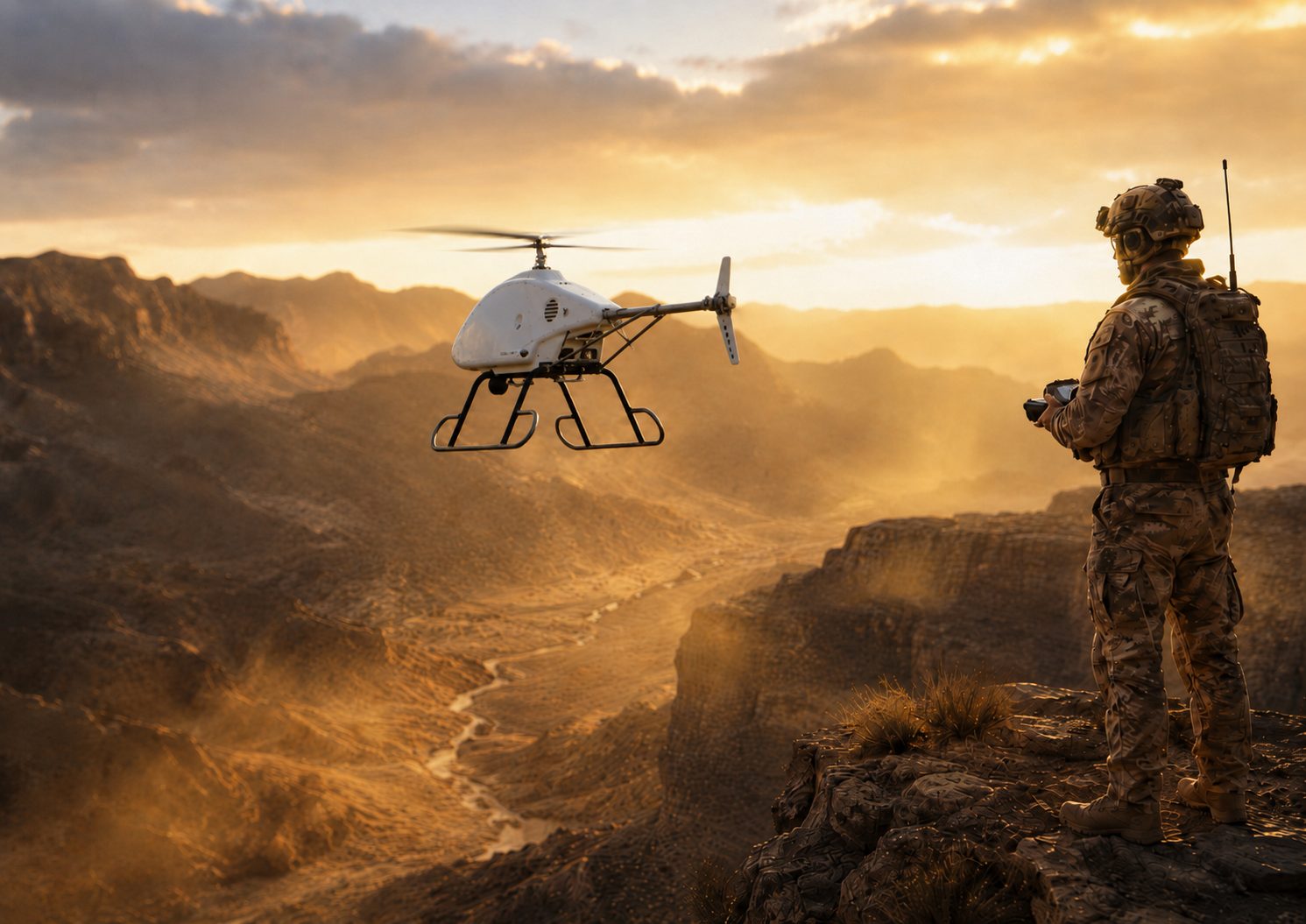 Aeolus unmanned aerial system operating at sunset